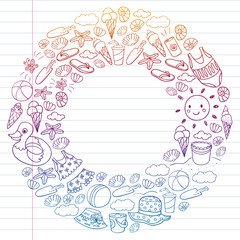 Vector set of beach icons for summer posters, banners. Sea, ocean vacations. Kids drawing style.