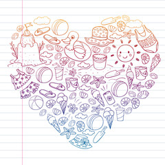 Vector set of beach icons for summer posters, banners. Sea, ocean vacations. Kids drawing style.