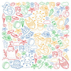 Vector set of beach icons for summer posters, banners. Sea, ocean vacations. Kids drawing style.