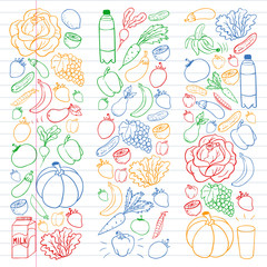 Vector pattern with healthy food. Fruits and vegetables. Milk, dairy products. Pattern for store, mall, menu, cafe, restaurants.