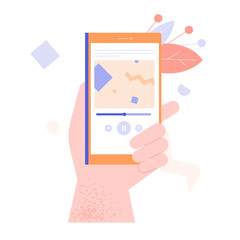 Hand holds smartphone. A mobile application streaming service with music, educational lectures, courses or podcasts. Vector flat illustration.