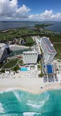 Cancun beach and Iberostar Selection Cancun Resort, Seadust Cancun Family Resort aerial view, Cancun, Quintana Roo QR, Mexico.
