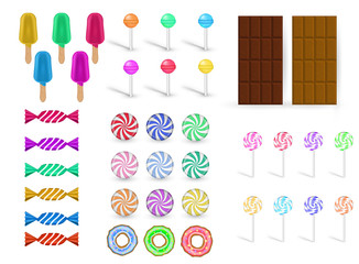 Vector desserts set isolated on white background. 3d chocolate bars, peppermint candies, lollipops, ice cream and doughnuts. Decorative elements for cafe and party banners, posters, invitations.