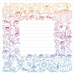 Vector set with pirate elements for birthday party for little children. Kids pattern with octopus, beach, treasure chest, ship