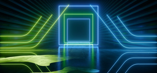 Fototapeta premium Sci Fi Laser Neon Triangle Cyber Virtual Alien Spaceship Green Blue Pantone Futuristic Tunnel Corridor Hall Concrete Metal Cosmic Modern Showroom 3D Rendering