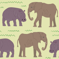 Seamless pattern of cartoon hippopotamus and elephant. Repeatable textile vector print, childish wallpaper design.