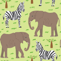 Seamless pattern of cartoon elephant, zebra and baobab tree. Repeatable textile vector print, childish wallpaper design.