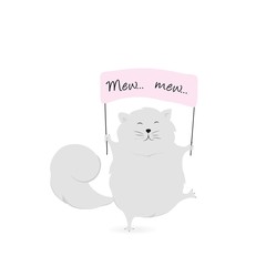 Hand drawn vector illustration with a cute gray fat cat.Isolated on a white background