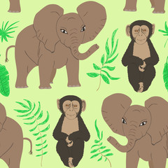 Seamless pattern of cartoon baby elephant and monkey. Repeatable textile vector print, childish wallpaper design.