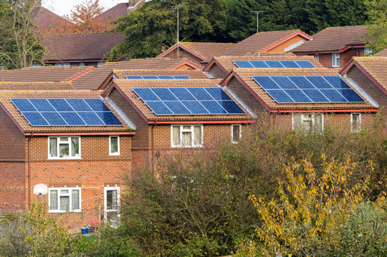 Houses with solar panels on the roof in London UK