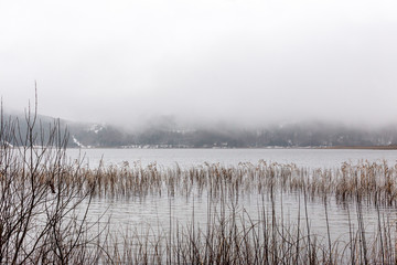 Lake, mountain and clouds. Foggy lake. Lake view at sunrise. Abant lake, Bolu