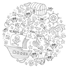 Vector set with pirate elements for birthday party for little children. Kids pattern with octopus, beach, treasure chest, ship