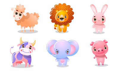 Set of different colorful cute animals. Vector illustration in flat cartoon style.