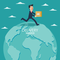 Young business man running over the world map. Post letter, delivery service or e-mail vector concept