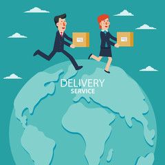 Young businessman and business woman running over the world map. Post letter, delivery service or e-mail vector concept