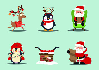 Santa Claus penguin and deer on a blue background