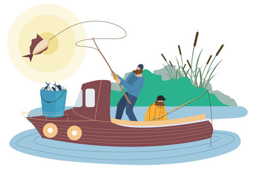 Fishermen Catching Fish Flat Vector Characters. Fishery Industry Cartoon Illustration. Two Professional Fishers in Motor Boat, Fishing Business. Modern Water Vehicle in Pond, River
