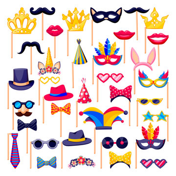 Party photo booth set. Vector flat cartoon icons. Collection of costumes, birthday or wedding decoration props.