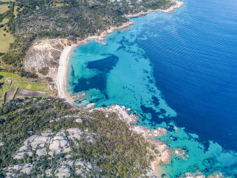 BEAUTIFUL AERIAL VIEW OF THE BEACH OF CALA DI TRANA WITH ITS GOLDEN DUNES