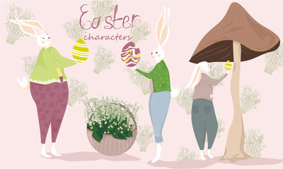 Obraz na płótnie Canvas Easter characters banner with cute, funny cartoon bunny with egg, mushroom, basket with lilies of the valley