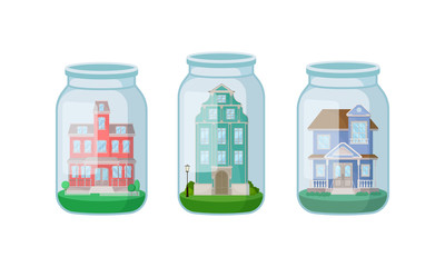 Decorative Houses and Mansions Put in Glass Jars and Bottles Vector Set