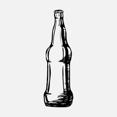 An empty glass bottle drawn by hand. A bottle of beer drawn with a pen. Vector eps illustration.