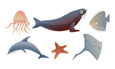 Cute Sea Creatures with Protuberant Eyes Vector Set