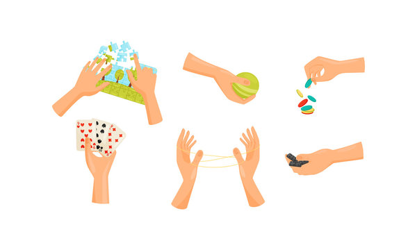 Human Hands Playing Different Games Like Jigsaw Puzzle and Cards Vector Set