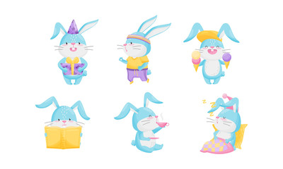 Cute Rabbit with Blue Coat Drinking Hot Tea and Reading Book Vector Set