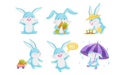 Cute Rabbit with Blue Coat Watering Carrot and Greeting Vector Set