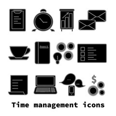 Time management icons set.Simple style. Alarm clock, letters, clipping board, board with graph, cup, folder with report, to do list, smartphone with chats, laptop, note, bulb, cogwheel and dollar sign