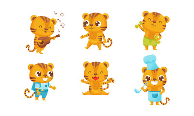 Cartoon Tiger Cub Playing Guitar and Doing Physical Exercise Vector Set