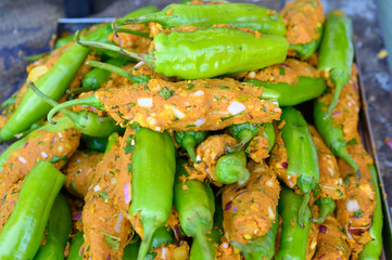 Indian Street food, Fried Spicy Chilli Pakora, The famous food in Jodhpur city in Rajasthan, India.