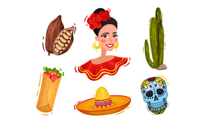 Bright Mexican Attributes and Symbols with Sombrero Hat and Woman Wearing National Clothing Vector Set