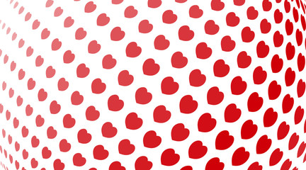 Abstract background. Red hearts of different sizes with halftone effect on white background. Vector illustration.