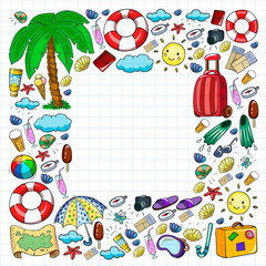 Fototapeta premium Vector pattern. Summer vacations. Travel and adventures. Beach, ocean, island, sun