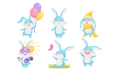 Cute Rabbit with Blue Coat Jumping with Joy and Holding Balloons Vector Set