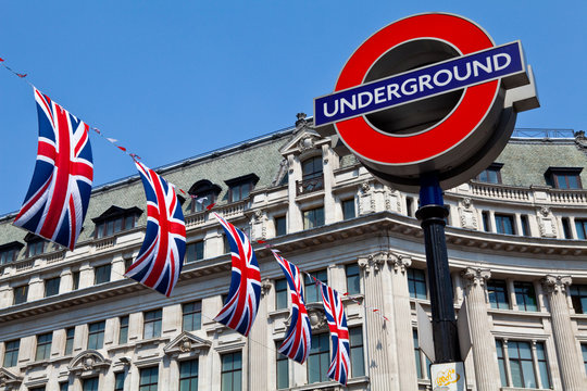 London Underground And Union Flags In London, UK