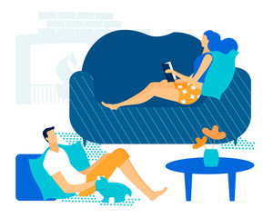 Bright Banner Free Time Couple in Love Cartoon. Man and Woman are Grateful to Each Other. Husband and Wife are Resting at Home on Sofa Separately from Each other. Vector Illustration.