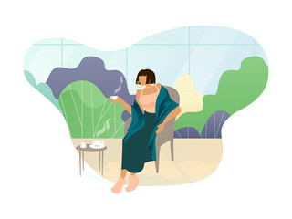 Elegant Woman Sitting in Armchair Enjoys Rest at Greenhouse. Girl in Warm Wrap Relaxing in Home Jungle Room or Orangery. Lady Drinking Hot Tea or Coffee. Cartoon Flat Vector Illustration