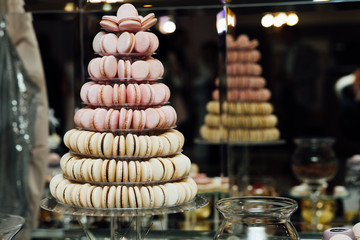 Candy bar with balls, macaroon on candy bar, candy bar on holiday, candy bar at the wedding