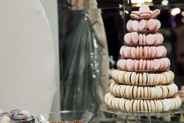 Candy bar with balls, macaroon on candy bar, candy bar on holiday, candy bar at the wedding