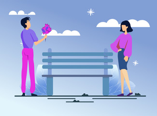 Man and Woman on Romantic Date in Park at Night. Cartoon Guy Giving Elegant Lady Flower Bouquet. First Dating. Bench and Starry Sky. Successful People in Love. Vector Flat Natural Illustration
