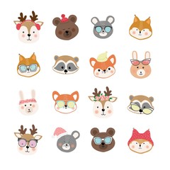 Set of cute hand drawn smiling animals characters. Cartoon