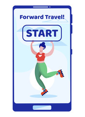 Forward Travel Mobile App Page Onboard Screen for Website with Cheerful Sportive Woman Skating on Rollers on Tablet Touchscreen, Traveling Application for Gadgets, Cartoon Flat Vector Illustration