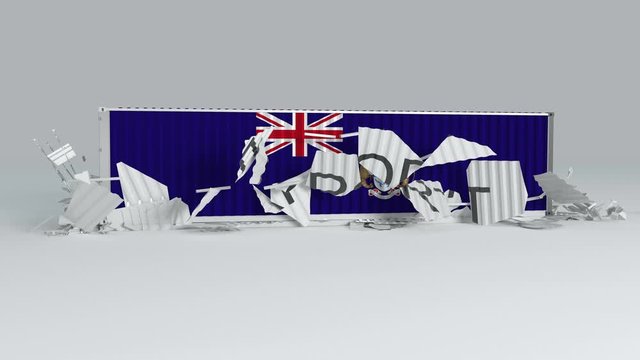Tristan da Cunha container with the flag  falls on top of a container labeled EXPORT and breaks it