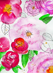 Yellow-pink, red and magenta flowers on a white background. Beautiful color pattern on white background. Watercolor, ink, paper, brushes