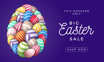 Happy easter card with eggs. Many beautiful multi-colored realistic eggs are laid out in the shape of a large egg. Vector illustration for easter on purpe background