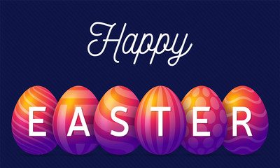 Happy easter greeting card vector illustration. A horizontal banner of purple with insta color rainbow textured eggs that stand in a row.