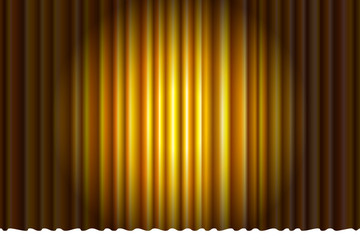 Closed luxury gold theater curtain with many shadow stage background spotlight beam illuminated. Theatrical velvet fabric drapes stage opening ceremony show. Vector gradient illustration